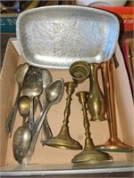Brass Candle Sticks, Pewter Tray & Silver-Plate