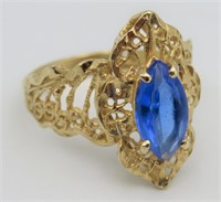 Vintage 14KT Filigree Blue Stone Ring 6.5