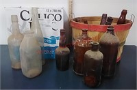 Fruit basket brown bottles & glass milk & more