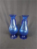 2 Vtg Blue Handblown Glass Vases