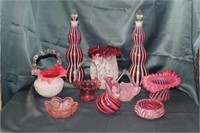 Pink Glassware: (2) Jars 12" Tall, Glass Handled