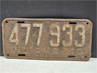 Indiana 1940  License Plate