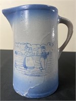 Salt Glazed Blue and White Stoneware Pitcher