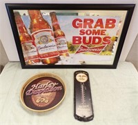 BUDWEISER BEER FRAMED SIGN, HARLEY TRAY...