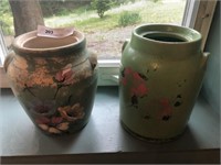 2 Paint Decorated Stoneware Canisters