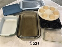 PYREX OVEN DISHES, MUFFIN PANS, TRAYS