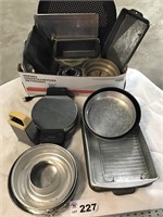 BOX FULL BAKING PANS, WAFFLE IRON, GRATER