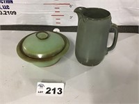 FRANKOMA POTTERY PITCHER, COVERED DISH- chip on