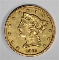1861 $5.00 GOLD LIBERTY  AU/UNC