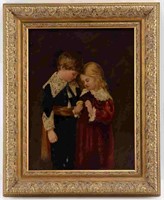 OIL ON BOARD PAINTING OF YOUNG BOY AND GIRL W BIRD