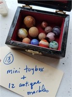 Mini toybox & 12 antique marbles