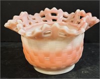 Fenton Rosaline Pink Basket Weave Bowl-Vase