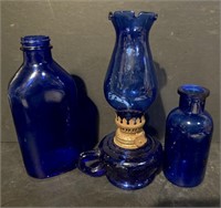 Cobalt Blue Oil Lamp & two Bottles