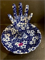 Vtg Cobalt White Floral Hand Ring Holder