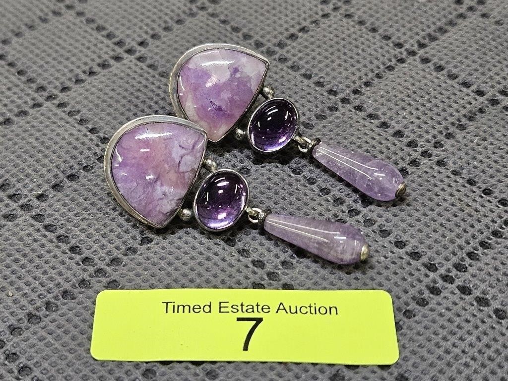 PAIR OF STERLING SILVER CHAROITE AND AMETHYST EARR