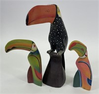 3 Hand Painted Toucan Wooden Sculptures