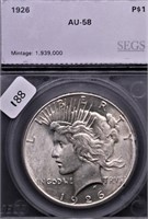 1926 SEGS AU58 PEACE DOLLAR