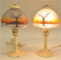 (2)Cast Iron Table Lamps w/Reverse Painted Shades