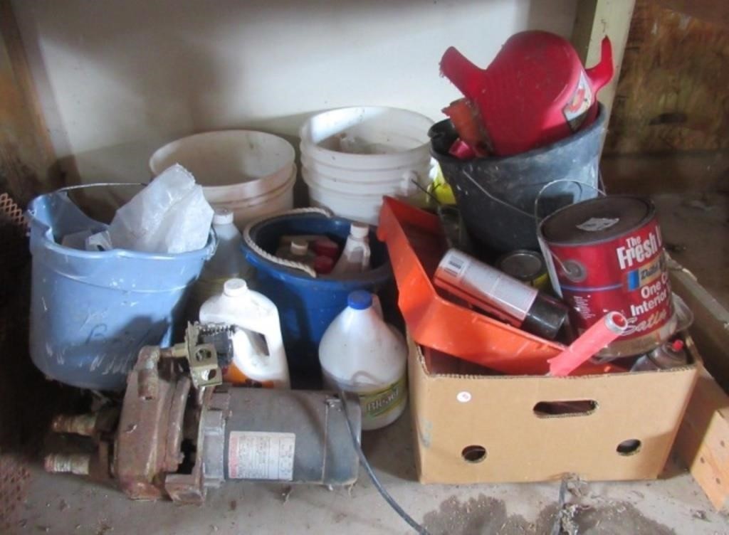 Various paint supplies, buckets, cleaner, etc.