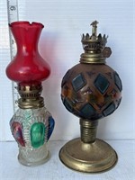 2 small coloured glass oil lamps
