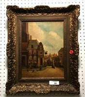 City Street Oil on Canvas in Ornate Frame