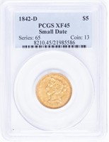 Coin 1842-D $5 Gold Coin - PCGS XF45 Small Date