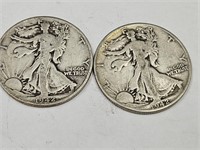 2- 1942 Walking LIberty Silver Half Dollar Coins