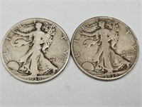 2- 1938 D Walking Liberty Half Dollar Silver Coins