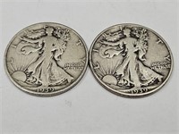 2- 1939 D Walking Liberty Half Dollar Silver Coins