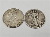 2- 1942 D Walking Liberty Silver Half Dollar Coins