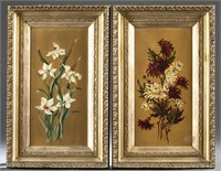 Pair Victorian floral paintings on slate, 1879.
