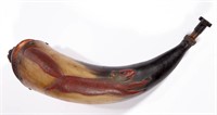 FOLK ART RELIEF CARVED AND PAINTED POWDER HORN,