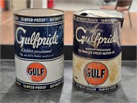 (2) "Gulfpride" Alchlor Processed Motor Oil Cans