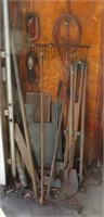 Garage items including tripod, shovel, c-clamp,