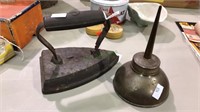 Number five sad iron, vintage oil can, (834)