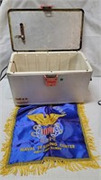 VINTAGE COOLER WITH NAVY PILLOW COVER & OLD PHOTOS