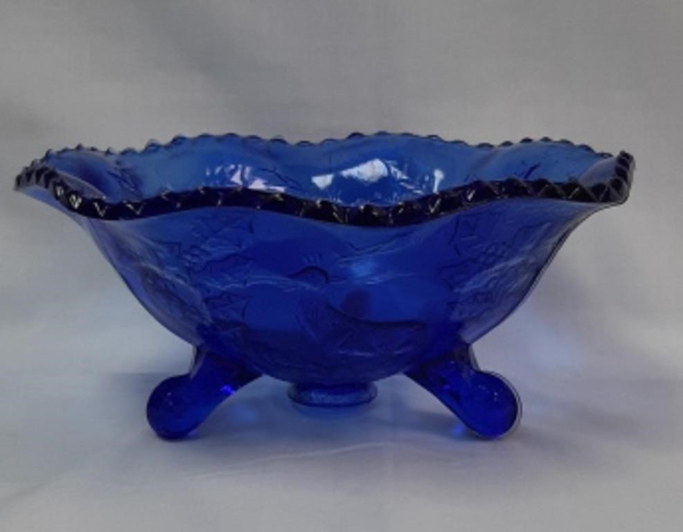 Fenton Cobalt Blue Stag & Holy 9" Ball Footed Bowl