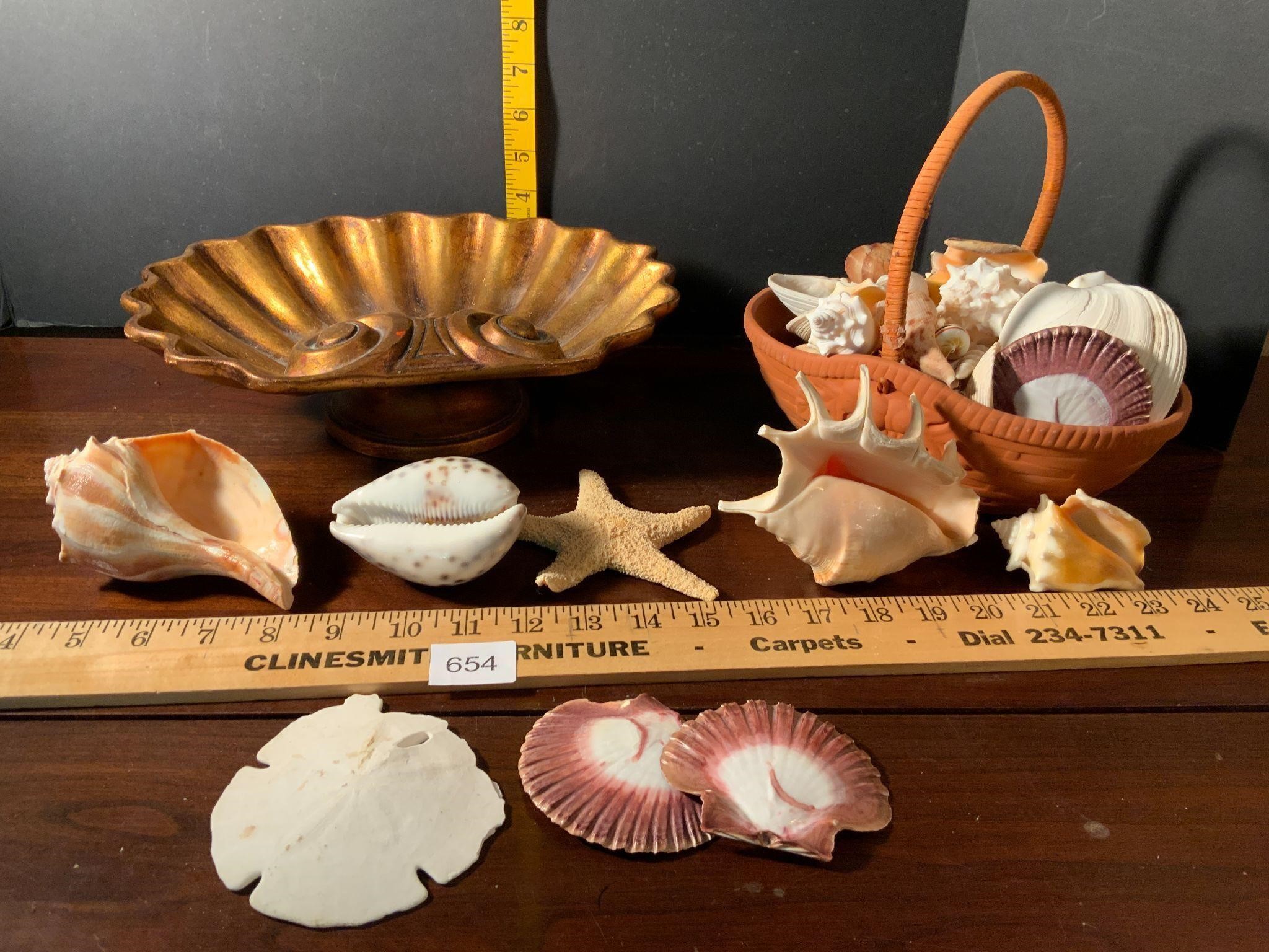 Seashells Starfish Sand Dollar In Pedestal Dish &