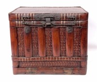 Chinese rattan lock box, wrought iron hinges,