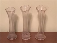 3 LARGE GLASS FLUTED TOP VASES