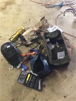 Welding shield, drop light, tool bag