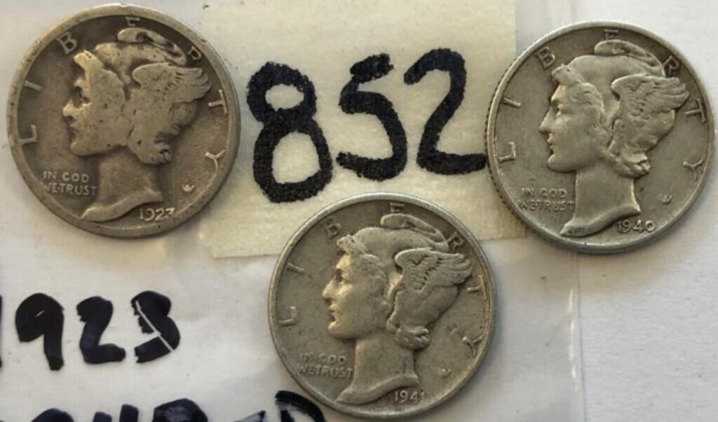 1923,1940D,1941 3 Mercury Silver Dimes