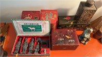 Collection of antique Chinese boxes, tins, a mud