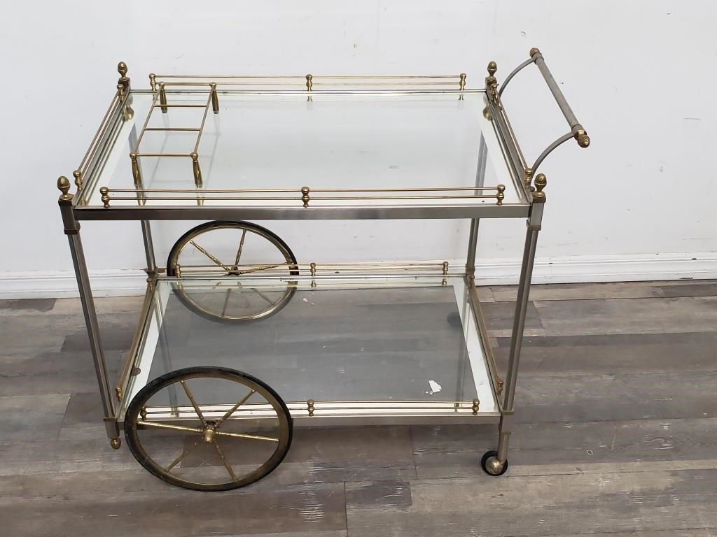 Chrome glass and brass bar cart