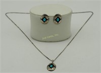 Indian Sterling Turquoise 20" Necklace & Earrings