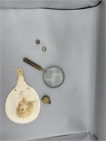 Antique fan, thimbles, miniature clock,