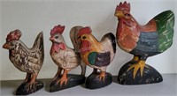 Group of 4 Hand Carved Vintage Roosters