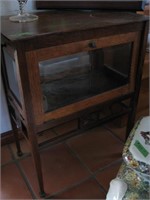 Oak, etched glass front Curio cabinet-OLd,