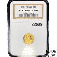 1991-P $5 1/10oz American Gold Eagle NGC PF70 UC