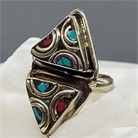 SZ 7 ADJUSTABLE COSTUME RING TURQUOISE & CORAL